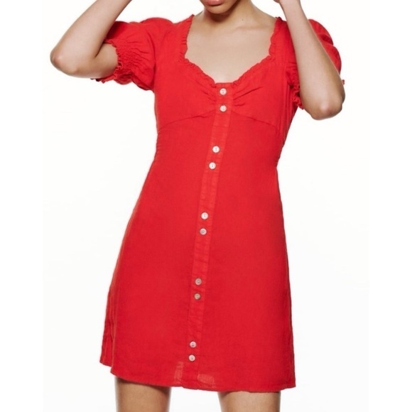 NWT Zara Red Linen Sweetheart Ruffle Mini Dress Button Accent Pullover Medium - Picture 2 of 12